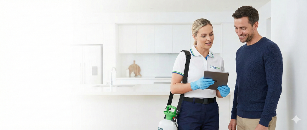 Profissional de controle de pragas atendendo cliente